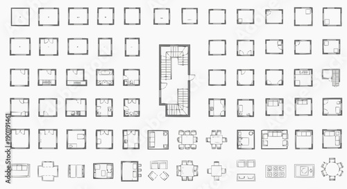Detailed architectural blueprint of a building surrounded by various icons and graphics viewed from directly above