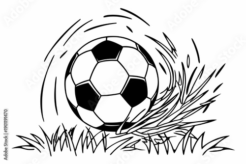 A black and white illustration of a soccer ball kicking up grass in a dynamic motion.