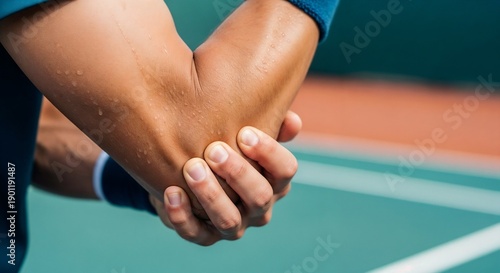 Close-up of a sweaty tennis player clutching his arm in pain due to tennis elbow injury. Sports medicine concept showing lateral epicondylitis and tendonitis symptoms on a court background.