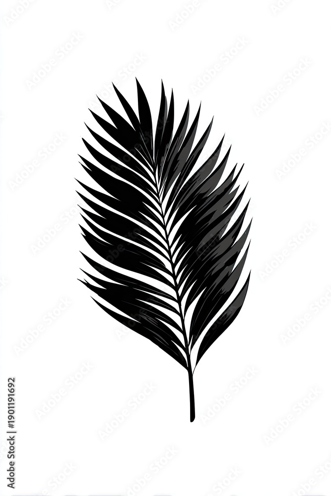 Obraz premium A grayscale image of a palm leaf, sharply contrasted against a white background