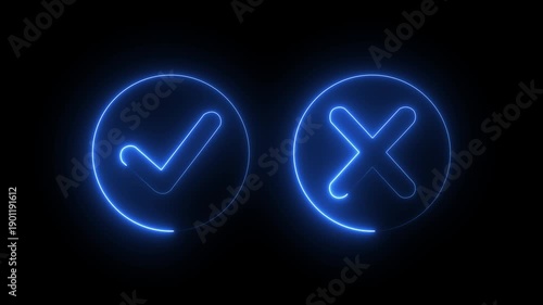 glowing neon Tick or check mark  icon  on Black Background . right and wrong animated neon icons, False and true. Correct and incorrect, 