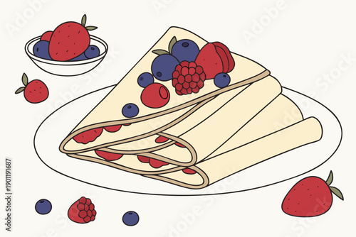 A vector graphic illustration of a plate of crepes with strawberries, blueberries, and raspberries on a white background