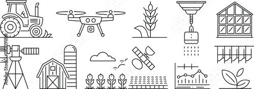 Smart agriculture technology icon set, farming equipment drone irrigation greenhouse satellite crop analytics symbols, modern flat line vector illustration