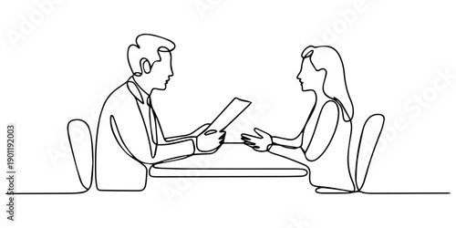 Job interview - vector modern simple one line design composition with recruiter and candidate. Continuous Line Drawing of man and woman are talking at the table, Minimalist vector illustration sketch.