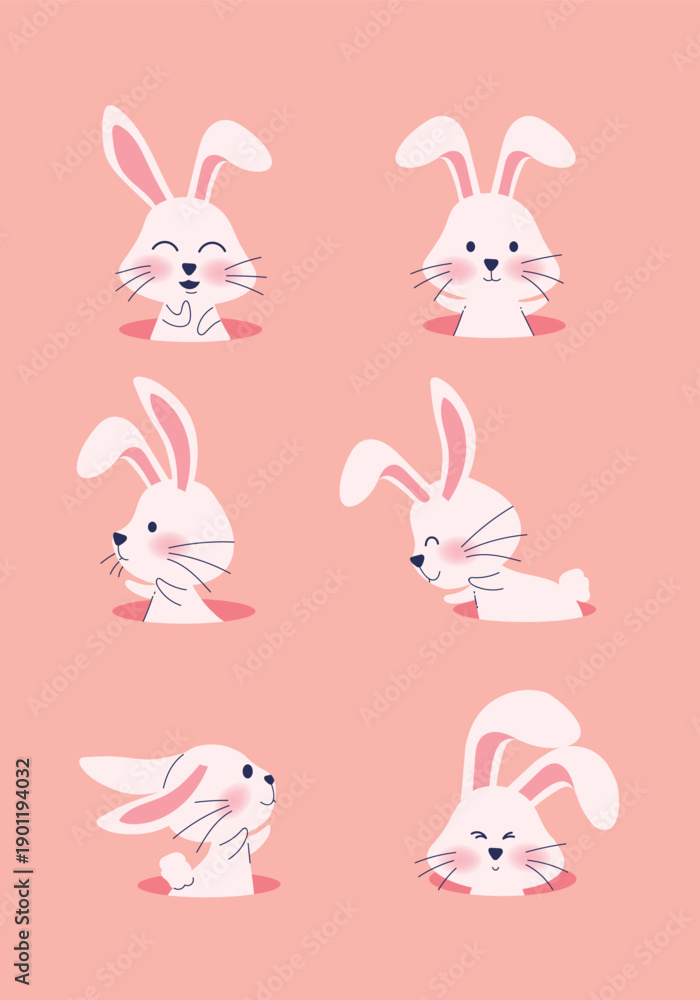 Obraz premium Bunny easter set character icon symbol vector illustration isolated on background. Easter rabbit for egg hunt celebration design.