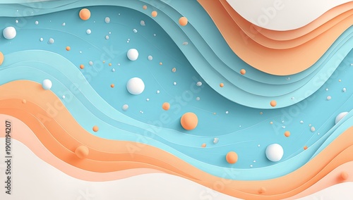Pastel paper-cut wave design with floating spheres creating depth and dimension