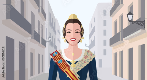 This flat design portrait captures the essence of a Fallera in her exquisite traditional Valencian dress, embodying the vibrant cultural spirit of the Las Fallas festival.