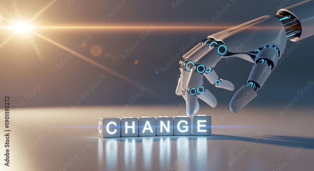 Fototapeta premium The future of technology and progress a robotic hand spells out the word 'change' on glowing blocks, symbolizing transformation and innovation