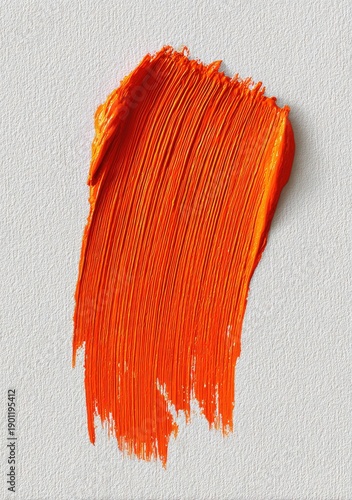 Close-up of vibrant orange paint stroke on textured white paper, showcasing brush marks