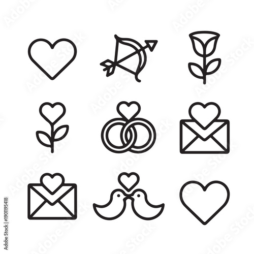 Vector set of wedding icons featuring heart shapes and romantic love symbols like diamond rings and gift envelopes for Valentine's Day card design