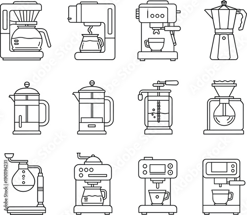 Black and white line art icons of various coffee makers espresso machines and brewing equipment for cafe and kitchen concepts।