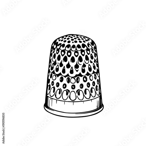 Elegant hand-drawn black line art illustration of a vintage silver thimble, perfect for sewing, crafting, or antique-themed design projects on a clean white background