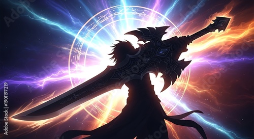Dark Fantasy Sword with Glowing Blue and Orange Lightning