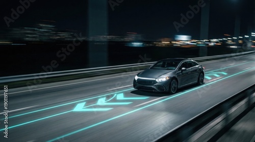Autonomous electric car driving on highway at night with digital lane keeping system and navigation path indicators