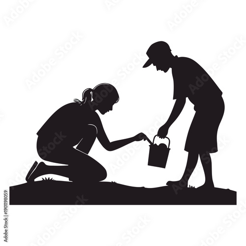 Silhouette of Two People Gardening Together in Backyard, Teamwork and Nature Care Illustration at Sunset