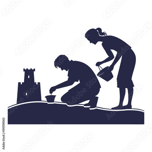Silhouette of Two People Building a Sandcastle on the Beach, Summer Vacation Fun and Seaside Family Activity Scene