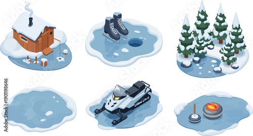 winter scene small cabin ice lake snow trees snowmobile