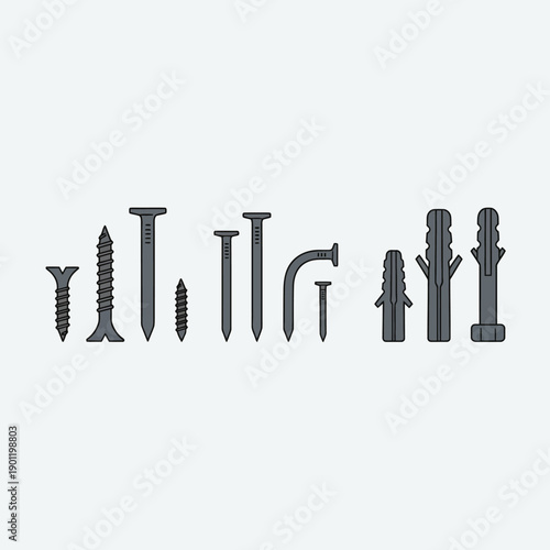Minimal flat vector illustration of construction fasteners such as screws, nails, and anchors,