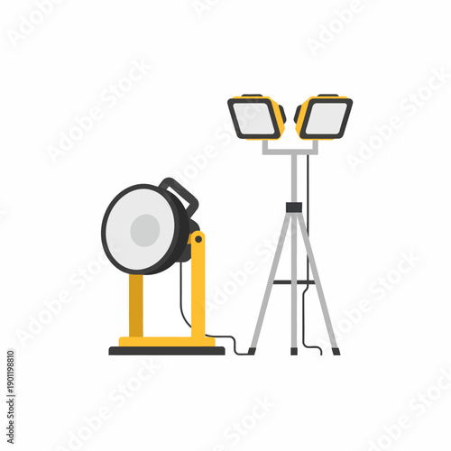 Flat vector illustration of construction site lighting objects including portable work lamp