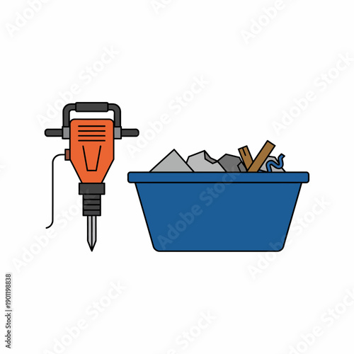 Flat minimalist vector illustration of demolition tools including jackhammer and debris container