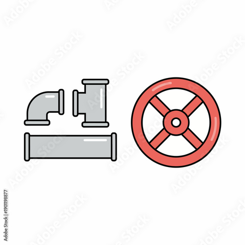 Flat vector illustration of plumbing construction objects including pipe sections and valve wheel, minimalist flat style,