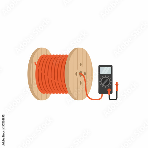 Minimal flat vector illustration of electrical construction tools such as cable spool and voltage tester, clean flat design