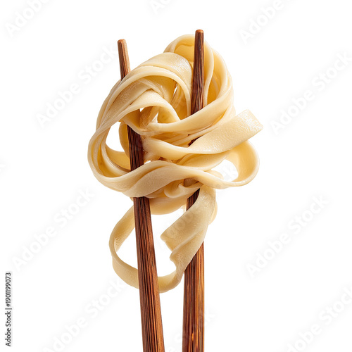 Close-up of a neat bundle of fresh, pale flat noodles held perfectly by wooden chopsticks on black