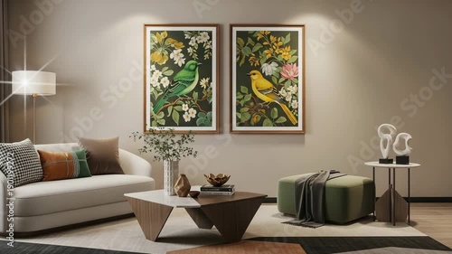 Wallpaper Mural Modern living room with white couch and bird artwork and wooden coffee table and green ottoman Torontodigital.ca