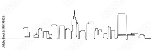 Minimalist line drawing depicts a simplified city skyline against a white background