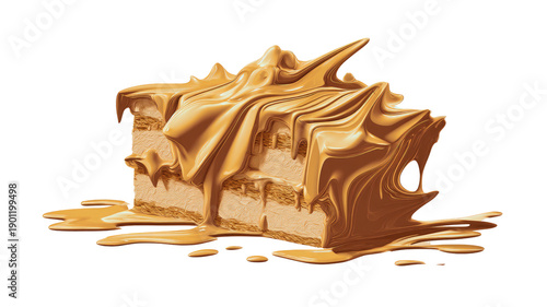 Rich caramel sauce oozing over a multi-layered cake slice, glistening warmly on black