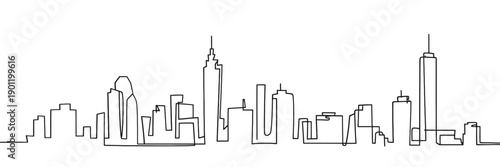 Minimalist line drawing depicts a cityscape featuring iconic skyscrapers