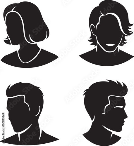 Silhouettes of diverse individuals facing different directions, showcasing varied hairstyles and profiles in a minimalist illustration style.