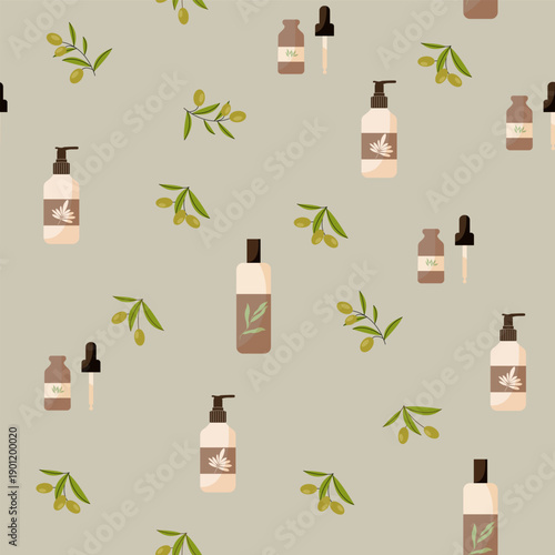 Seamless pattern with cosmetic products. Cosmetics with olives. Background for cosmetics design and packaging.