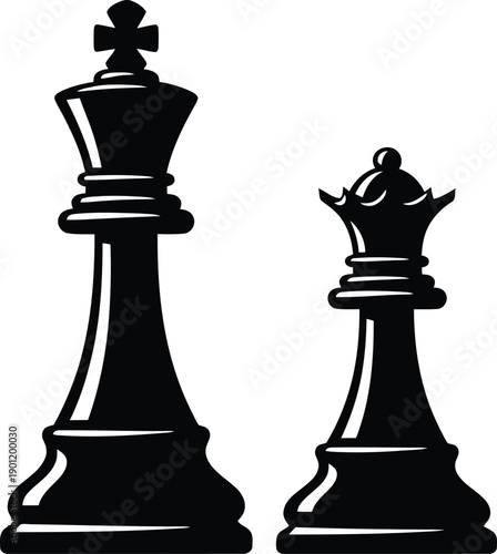 Black silhouette of King and Queen chess pieces isolated on white.