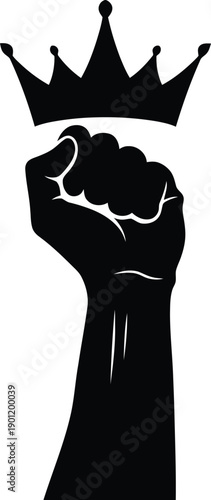 Black silhouette of a raised fist with a royal crown symbol.