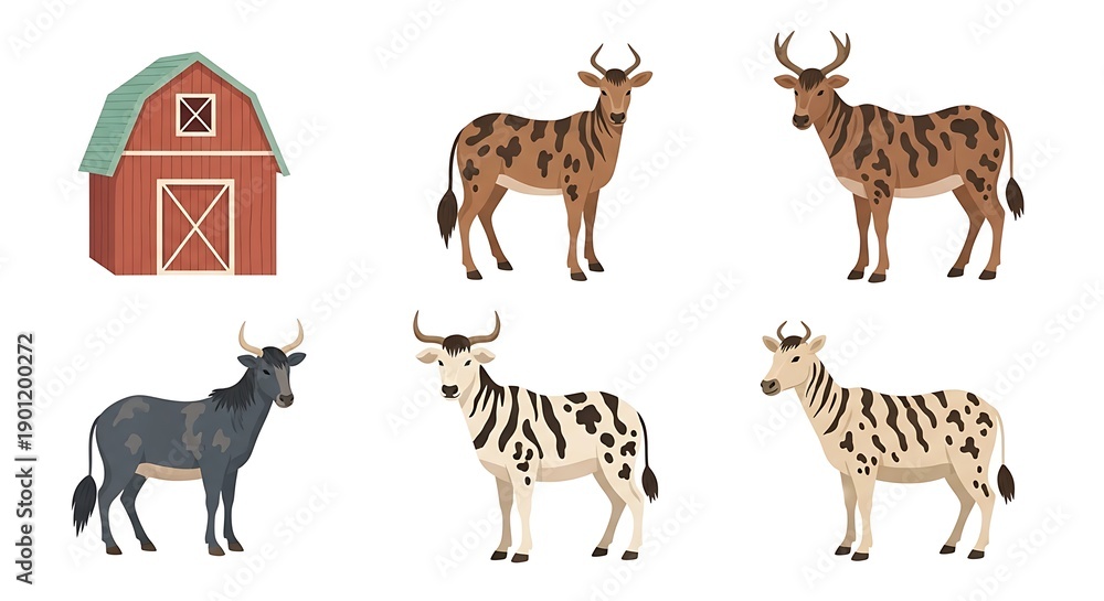 Obraz premium Red Barn with Cattle and Zebu Standing on White Background