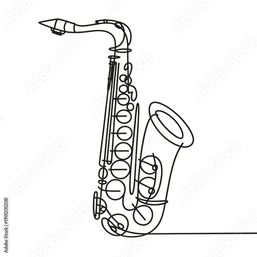 A continuous line drawing depicts a sleek modern saxophone in a minimalist style