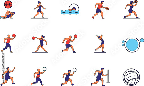 Vector illustration set of professional athletes participating in various sports including basketball, swimming, volleyball, and track and field