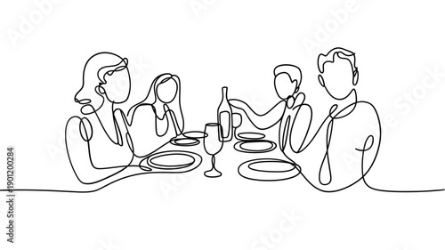 Continuous line drawing depicting a family gathered around a dining table