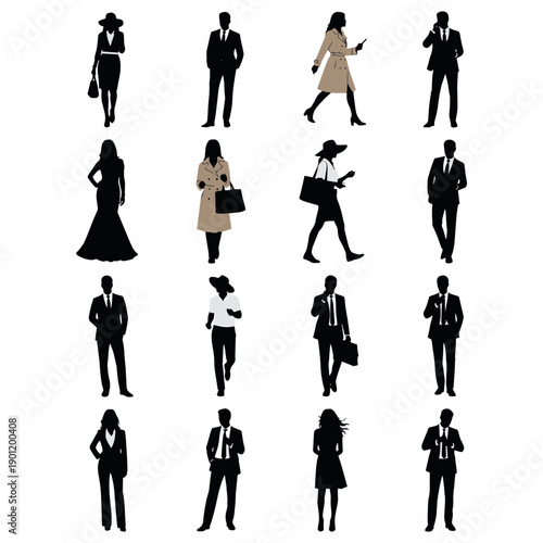 Diverse silhouettes of professionals in various formal attire and poses