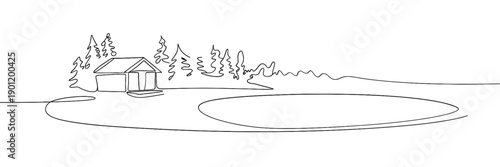 Simple line drawing depicts a cabin nestled near trees and a winding river