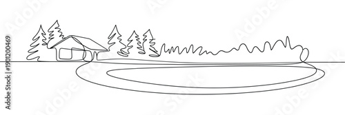 Continuous line drawing of a cabin nestled among trees and a serene landscape