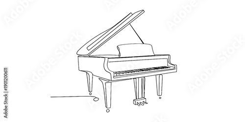 A simple line drawing depicts a grand piano with its lid partially open