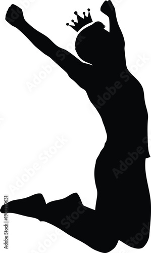 Silhouette of a joyful queen with a crown jumping in celebration.