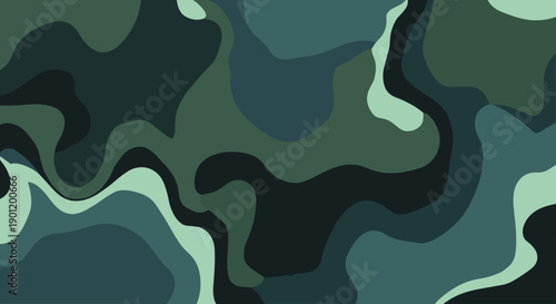 Abstract organic flowing shapes camouflage pattern in muted dark green teal and light mint colors representing a modern artistic interpretation