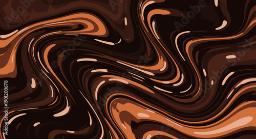 Abstract swirling liquid marble texture with rich chocolate brown and warm orange tones illuminated by soft subtle highlights creating a luxurious fluid