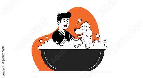 Happy man gently bathing a fluffy white dog in a bathtub filled with soap bubbles creative flat design illustration playful and caring pet grooming