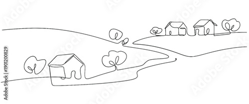 Simple one line drawing depicts a rural landscape with houses and trees
