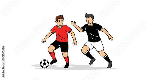 Two athletic male soccer players in dynamic action one in a red jersey dribbling a ball the other in a black jersey defending engaged in a competitive
