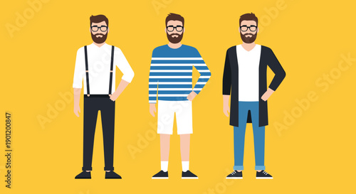 Diverse male fashion styles displayed side by side on a bright yellow background casual formal and modern trendy outfits for men showcasing versatility